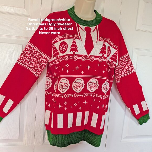 Revolt red/green/white Christmas Ugly Sweater, Sz S, Fits to 38" chest, Unworn - Picture 1 of 12